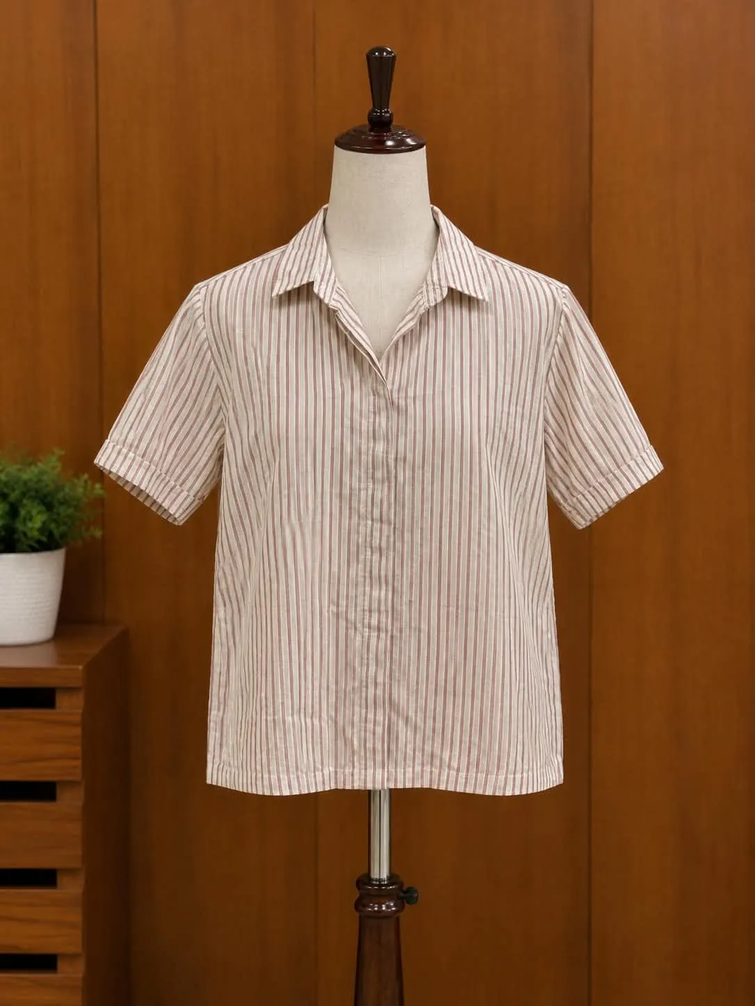 Brown and white striped button up shirt