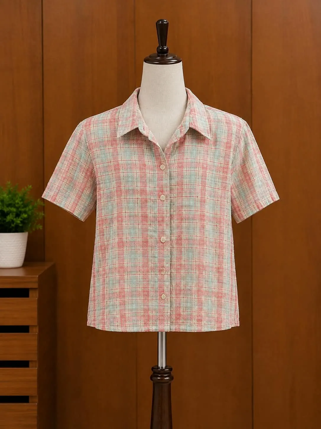 Pink and green plaid pattern button up shirt